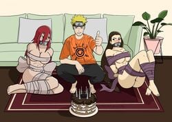 1boy 2girls arms_behind_back birthday birthday_cake black_eyes black_hair blue_eyes blush bondage cake clothed_male_nude_female erection feet female forehead_protector gag headband improvised_gag indoors kin_tsuchi konohagakure_symbol legs_together long_hair looking_at_viewer male multiple_girls naruto naruto_(classic) naruto_(series) naruto_shippuden nick_furry nipples present red_hair ribbon short_hair sitting squatting tayuya thumbs_up tied_up uzumaki_naruto very_long_hair yellow_hair