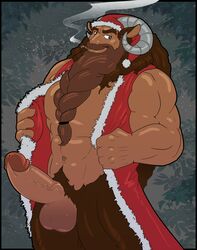 1boy abs animal_ears balls ballsack bara bartel beard beefy big_balls body_fur boner braided_beard brown_fur brown_hair christmas christmas_clothing christmas_outfit cigar cocky confident curly_hair dilf erect_penis erection facial_hair faun foreskin foreskin_folds goat_ears greek_mythology green_eyes half-human heavy_balls horns humanoid humanoid_penis hunk intact inviting inviting_to_sex long_beard long_hair_male male male_only male_pubic_hair manly masculine mature_male mostly_nude_male muscle muscular_male mustache open_robe pecs penis proud pubes retracted_foreskin rugissang santa_costume santa_hat satyr scrotum smoking smooth_skinned_male solo testicles uncut veiny_penis