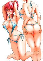 armpits arms_up ass bare_legs bare_shoulders blush breasts female hands_on_own_ass heart heart-shaped_pupils highres large_breasts looking_at_viewer navel o-ring o-ring_swimsuit open_mouth original red_eyes red_hair scrunchie side-tie_swimsuit smile solo swimsuit symbol-shaped_pupils thong yano_toshinori