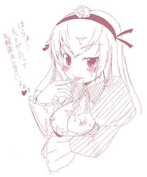 breasts breasts_out cum_on_breasts erect_nipples eyebrows_visible_through_hair female finger_to_mouth headband japanese_text long_hair natsumi_akira partially_colored red_eyes rose rozen_maiden sketch solo suigintou tongue_out white_hair