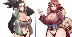 2girls bangs bare_thighs big_breasts black_hair blush bottomless breasts busty center_opening choker cleavage clothed_female clothing curvaceous curvy curvy_female curvy_figure dress eyeliner eyeshadow female female_only fishnet_shirt fishnets forehead_mark gaara gender_transformation genderswap_(mtf) green_eyes highleg highleg_panties huge_breasts light-skinned_female light_skin looking_at_viewer makeup mascara midriff multiple_girls nara_shikamaru naruto naruto_(series) naruto_shippuden navel no_pants panties partially_clothed pinkkoffin red_hair rule_63 sash sexy_no_jutsu shiny shiny_hair shiny_skin shirt sidelocks split_screen string_panties vest wide_hips