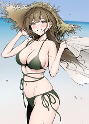 ameyame bangs bare_shoulders beach bikini black_bikini blush breasts brown_eyes brown_hair cleavage collarbone female highres idolmaster idolmaster_shiny_colors kuwayama_chiyuki large_breasts long_hair looking_at_viewer navel smile swimsuit tagme thighs