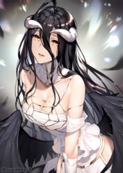 ahoge albedo_(overlord) bare_shoulders black_feathers black_hair black_wings breasts cleavage demon_girl demon_horns demon_wings detached_collar dress eyebrows_visible_through_hair feathered_wings feathers female gloves golden_eyes hair_between_eyes high_resolution hip_vent horns large_breasts long_hair low_wings overlord_(maruyama) parted_lips slit_pupils solo succubus sunako_(veera) tagme twitter_username very_long_hair white_dress white_gloves wings yellow_eyes