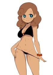 1girl bikini black_bikini blue_eyes breasts brown_hair chromodomo female katrielle_layton large_breasts layton's_mystery_journey navel tagme white_background