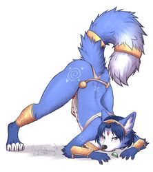 1girls 4_toes 5_fingers animal_ears anthro ass_up bikini black_nose blank_background blue_body blue_fur blush blush_lines breasts busty crystalberry cyan_eyes dark_blue_hair face_down_ass_up female female_only fox fox_ears fox_tail full_body fur furry furry_only half-closed_eyes hourglass_figure jack-o_pose krystal nintendo no_humans no_visible_genitalia no_visible_nipples short_hair simple_background snout solo solo_female solo_focus star_fox tribal white_background wide_hips