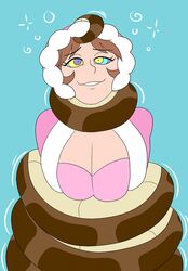 1girls blue_background breasts brown_hair cleavage coiled coiling eyebrows_visible_through_hair hood hood_up hypnosis ice_climber kaa_eyes large_breasts nana_(ice_climber) parted_lips penken restrained simple_background smile snake the_jungle_book