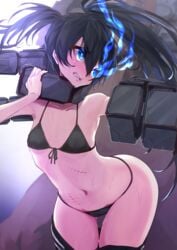 1boy 1girls bare_shoulders bikini bikini_bottom bikini_top black_hair black_rock_shooter black_rock_shooter_(character) blue_eyes blue_fire blush choking collarbone eyebrows_visible_through_hair flat_chest grinning kajimakoto long_hair looking_back navel pale-skinned_female pale_skin sex simple_background small_breasts stiches sweat thick twintails