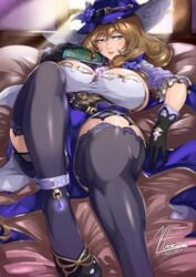 1girls big_breasts brown_hair female female_only genshin_impact gloves green_eyes hat large_breasts lisa_(genshin_impact) looking_at_viewer lying lying_on_bed nox_(artist) noxcuro solo solo_female thick thick_thighs thighhighs voluptuous