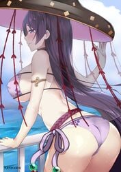 ass back bikini blush breasts cowboy_shot day erect_nipples erect_nipples_under_clothes eyepatch_bikini fate/grand_order fate_(series) female from_behind hand_up hat huge_breasts in_profile kaetzchen katzchen large_breasts long_hair looking_at_viewer looking_back minamoto_no_raikou_(fate) minamoto_no_raikou_(swimsuit_lancer) nipples ocean outdoors purple_bikini purple_eyes purple_hair railing side-tie_bikini sideboob sidelocks smile swimsuit tagme very_long_hair