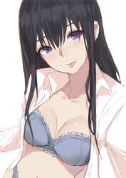 1girls :p bangs black_hair blouse blue_bra blue_eyes blue_panties blue_underwear blush bra breasts clavicle cleavage closed_mouth collared_shirt dress_shirt eyelashes eyeliner female female_only frills hair_between_eyes high_resolution koe_no_katachi light_smile lingerie long_hair long_sleeves looking_at_viewer makeup medium_breasts navel norman_maggot open_clothes open_shirt panties pantsu romaji_commentary school_uniform shirt simple_background solo tagme tongue tongue_out ueno_naoka underwear upper_body white_background white_shirt wing_collar