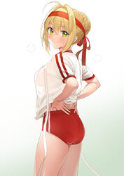 10s absurdres ahoge ameyame ass blonde_hair blush braid breasts buruma closed_mouth eyebrows_visible_through_hair eyes_visible_through_hair fate/extra fate/grand_order fate_(series) female french_braid gradient gradient_background green_eyes gym_uniform hair_between_eyes hair_bun hair_intakes headband highres hip_focus large_breasts long_hair looking_at_viewer looking_back nero_claudius_(fate) nero_claudius_(olympian_bloomers) olympian_bloomers pantylines ribbon shirt short_sleeves silhouette smile solo sweat tagme thighs white_background white_ribbon white_shirt