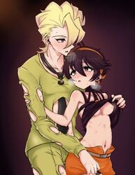 1boy 1girls black_hair blonde_hair blush hairband headband jojo's_bizarre_adventure lifting_shirt narancia_ghirga nipples pannacotta_fugo panties rule_63 short_hair size_difference small_breasts vento_aureo