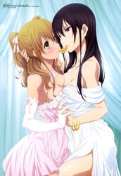 2girls aihara_mei aihara_yuzu bare_shoulders black_hair blonde_hair blush breast-to-breast breast_press breasts choker citrus_(saburouta) cleavage dress elbow_gloves female food food_in_mouth fruit gakken gloves green_eyes hand_behind_head hand_on_another's_head hanzawa_jun high_resolution holding_hands interlocked_fingers lips long_hair looking_at_another magazine_(source) magazine_scan medium_breasts megami megami_magazine multiple_girls official_art orange_slice passione_(company) purple_eyes ringlets scan sharing_food shiny shiny_hair shiny_skin smile swap_food symmetrical_docking tagme thighs very_high_resolution wedding_dress white_dress white_gloves yuri