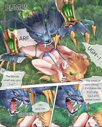 big_breasts blonde_hair blue_eyes breasts claws fangs female fight forest large_breasts league_of_legends luxanna_crownguard manhwa micro_bikini pingya posing smooth_skin space_groove_lux space_groove_series surprised warwick werewolf