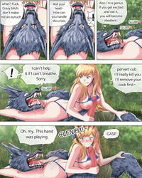 ball_crushing big_breasts big_penis blonde_hair blue_eyes breasts castration_threat claws dialogue erection fangs female femdom fight forest large_breasts league_of_legends leg_lock luxanna_crownguard manhwa micro_bikini neck_grab paizuri penis pingya posing smooth_skin space_groove_lux space_groove_series strangling warwick werewolf wrestling