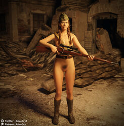 1girls alicecry breasts brown_pubes call_of_duty casual detailed_background female female_focus female_only female_sniper firearm footwear garrison_cap hair_covering_nipples headwear human laura_bailey pale_skin polina_petrova pubic_hair pussy rifle russian solo solo_female solo_focus soviet soviet_union twin_braids twintails vagina weapon world_war_2