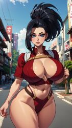 1girls ai_generated artist_request athletic athletic_female big_breasts blue_eyes boku_no_hero_academia exhibitionism exhibitionist female_only hero_outfit_(mha) heroine momo_yaoyorozu my_hero_academia neckline solo thong thong_underwear visible_underwear voluptuous voluptuous_female