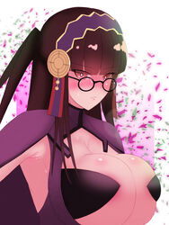 1girls alternate_costume armpits bad_censor bangs black_hair breast_squeeze breasts brown_eyes brown_hair censored covered_nipples covering fire_emblem fire_emblem_fates glasses heavy_blush huge_breasts long_hair looking_at_viewer nintendo pibu purple_background red_eyes rhajat_(fire_emblem) shy solo sweat