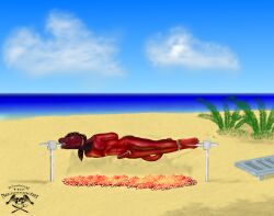 2011 anthro artist_logo beach black_claws bound claws death detailed_background digital_drawing_(artwork) digital_media_(artwork) erection furx_(artist) furx_(character) genitals legs_tied lizard logo male male_death necromuncher nude outside penis plant purple_tongue red_body red_penis red_skin reptile scalie sea seaside snuff solo spitroast_(object) tongue tongue_out water