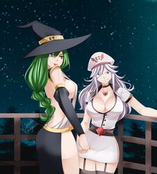 2girls android ass big_breasts blue_eyes claudia_dragneel cleavage edens_zero female green_eyes green_hair long_hair multiple_girls nurse_hat nurse_uniform sister_ivry standing white_hair witch_hat witch_regret