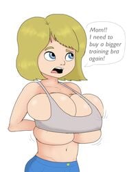 1girls big_breasts blonde_hair bra cleavage cleavage_overflow disney english_text godalmite huge_breasts inside_out pixar riley_andersen short_hair shortstack sideboob small_but_busty speech_bubble spilling_out text tight_clothing tooth_gap underboob white_background