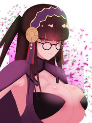 1girls alternate_costume armpits bad_censor bangs black_hair breast_squeeze breasts brown_eyes brown_hair censored covered_nipples covering fire_emblem fire_emblem_fates glasses huge_breasts long_hair looking_at_viewer nintendo pibu purple_background red_eyes rhajat_(fire_emblem) solo