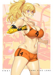 1girls 2020s 2021 adidas armpits big_breasts blonde_hair breasts bursting_breasts busty cleavage confident female female_only grin gym gym_clothes gym_shorts huge_breasts human long_hair looking_at_viewer lulu-chan92 metacyborg navel ponytail prosthetic_arm purple_eyes rooster_teeth rwby shiny_hair shiny_skin shorts smile solo solo_female sports_bra thick thick_thighs two_tone_clothing voluptuous workout yang_xiao_long