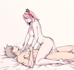 1boy 1girls breasts choking cowgirl_position cum_in_pussy cum_inside female female_on_top female_penetrated girl_on_top green_eyes hatake_kakashi heavy_breathing male male/female muscular muscular_male naked naruto naruto_shippuden nude penetration penis_in_pussy pink_hair sakura_haruno scarecrowpink sex silver_hair straight teacher_and_student younger_female