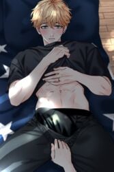 1boy abs blonde_hair blue_eyes blush bulge erection erection_under_clothes female_pov kiro_kira light-skinned_male looking_at_viewer love_and_producer male_focus male_only straight undressing_another zhou_qiluo