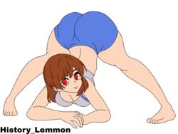 1girls alternate_version_available ass ass_focus ass_up brown_hair face_down face_down_ass_up history_lemmon jack-o_pose jackochallenge legs_spread original original_character red_eyes short_hair smiling smiling_at_viewer