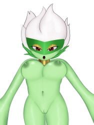 erect_nipples female green_skin large_breasts mask nude open_mouth pokemon pokemon_dppt red_eyes redbenjamin roserade short_hair solo white_hair