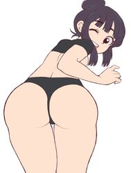 1girls ass back_view big_ass black_eyes black_hair chichi dragon_ball edu_pompom female female_only looking_at_viewer looking_back one_eye_closed open_mouth panties plain_background rear_view smile solo thick_thighs thigh_gap thong tied_hair wink