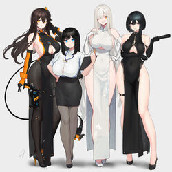 2021 4girls arm_under_breasts backless_dress backless_outfit bare_arms bare_legs bare_shoulders black_dress black_gloves black_hair black_skirt blue-eyed_girl_(hayabusa) blue_eyes blush breast_hold breasts brown_hair button_gap center_opening china_dress chinese_clothes classy-black-haired_girl_(hayabusa) classy-white-haired_girl_(hayabusa) clipboard closed_fan clothed clothing clothing_cutout covered_navel dress earrings elbow_gloves eyebrows_visible_through_hair fan female female_only firearm folding_fan full_body fully_clothed gloves grey_background gun hair_between_eyes hair_ornament hair_over_one_eye handgun hayabusa height_difference high_heels highres holding_fan holding_pen holster id_card jewelry lanyard large_breasts legwear long_hair mole mole_on_breast mole_under_eye mole_under_mouth multiple_girls office_lady orange_eyes orange_gloves original panties pantyhose pelvic_curtain pen pencil_skirt purple_eyes raiden_(hayabusa) revolver shadow shirt short_hair short_hair_with_long_locks side-tie_panties side-tie_peek sideboob sidelocks signature silver_hair simple_background skirt sleeveless sleeveless_dress smile standing tail thick_thighs thigh_strap thighband_pantyhose thighs two-tone_gloves underboob underboob_cutout underwear very_long_hair weapon white_dress white_gloves white_panties white_shirt wide_hips