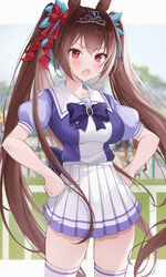 animal_ears blush brown_hair clavicle cowboy_shot crown daiwa_scarlet_(umamusume) eyebrows_visible_through_hair female hair_between_eyes hair_intakes headwear high_resolution horse_ears horse_girl horse_tail lebring long_hair oerba_yun_fang open_mouth pleated_skirt puffy_short_sleeves puffy_sleeves red_eyes school_uniform short_sleeves skin_fang skirt solo tagme tail thighhighs tiara tied_hair tracen_school_uniform twintails umamusume uniform very_high_resolution white_legwear white_skirt