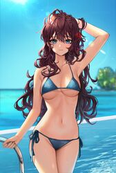 armpits bare_arms bare_shoulders bikini blue_bikini blue_eyes blurry breasts brown_hair cleavage cowboy_shot day depth_of_field female female groin hair_between_eyes high_resolution holding ichinose_shiki idolmaster idolmaster_cinderella_girls large_breasts large_filesize lens_flare long_hair looking_at_viewer midriff navel one_arm_up outdoors pixiv_id_42490384 side-tie_bikini smile solo standing stomach string_bikini sunlight swimsuit tagme thighs very_high_resolution water wavy_hair xi_xeong