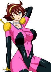 1girls 2019 blue_eyes bodysuit breasts brown_hair curvaceous earrings female female_focus female_only g_gundam gundam hairband human kutouyuse large_breasts light-skinned_female light_skin looking_at_viewer mobile_trace_suit one_eye_closed pilot_suit rain_mikamura short_hair skin_tight smile smiling_at_viewer solo_female thick_thighs thighs wide_hips yellow_earrings yellow_hairband