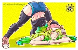 1girls artist_name ass ass_focus ass_up big_ass big_breasts big_butt black_eyes blonde_hair clothed face_down face_down_ass_up green_eyes heterochromia jack-o_pose jackochallenge legs_spread long_hair miss_kobayashi's_dragon_maid quetzalcoatl_(dragon_maid) shoes sneakers three_tone_hair