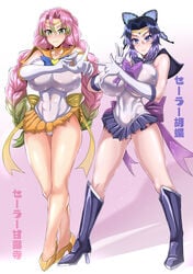 2girls alternate_costume bare_shoulders bishoujo_senshi_sailor_moon black_hair braided_hair butterfly_hair_ornament closed_mouth clothing cosplay curvaceous curvy curvy_female curvy_figure demon_slayer female female_only gradient_hair green_eyes green_hair hair_ornament high_heel_boots high_heels highres huge_breasts japanese_text jet_puri kanroji_mitsuri kimetsu_no_yaiba kochou_shinobu large_breasts long_hair looking_at_viewer microskirt miniskirt multicolored_hair panties pink_background pink_hair pink_text pleated_skirt pose purple_eyes purple_hair purple_text sailor_senshi_uniform shiny shiny_hair shiny_skin skindentation skirt smile standing translated tri_braids underwear voluptuous