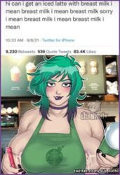 big_breasts breasts female green_eyes green_hair iced_latte_with_breast_milk joaquina juinichi meme milk milking starbucks twitter