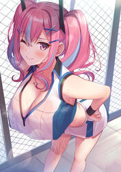 azur_lane breasts bremerton_(azur_lane) bremerton_(scorching-hot_training)_(azur_lane) female female_focus female_only hairclip looking_at_viewer necklace one_eye_closed pink_hair smile smiling_at_viewer solo_female super_nagoyaka sweat sweaty_breasts two_tone_hair voluptuous