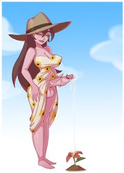 1futa balls big_balls big_breasts big_penis breasts brown_hair cleavage clothed clothing cum cum_drip cum_leaking dress dress_lift erection feet flower furraniko futa_only futanari hat human large_penis light-skinned_futanari light_skin long_hair masturbation mostly_clothed pale_skin penis solo standing sundress sunhat yellow_eyes