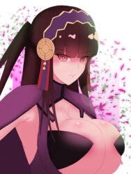 1girls alternate_costume armpits bad_censor bangs black_hair breast_squeeze breasts brown_eyes brown_hair censored covered_nipples covering fire_emblem fire_emblem_fates huge_breasts long_hair looking_at_viewer nintendo pibu purple_background red_eyes rhajat_(fire_emblem) solo