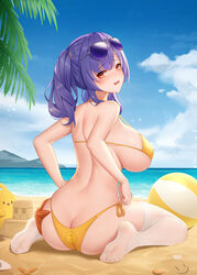 1girls alternate_costume ass azur_lane bikini butt_crack female looking_at_viewer medium_hair ocean on_knees only_laugh open_mouth orange_eyes outdoors outside pola_(azur_lane) purple_hair sand sideboob solo sunglasses sunglasses_on_head swimsuit thigh_highs thighhighs twintails water wei_xiao white_skin