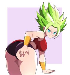 1girls abysswatchers ass ass_grab big_ass big_breasts blue_eyes breasts curvy_figure dragon_ball dragon_ball_super eye_contact female grabbing_own_ass green_hair kale kale_(berserker) legendary_super_saiyan looking_at_viewer saiyan super_saiyan super_saiyan_2 thick_thighs thighs