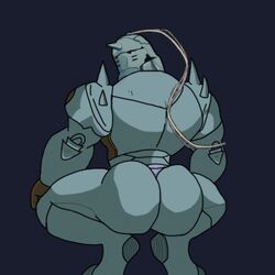 1boy alphonse_elric armor ass ass_focus big_ass big_butt broly_culo butt butt_focus crouching fullmetal_alchemist fullmetal_alchemist_brotherhood grey_body grey_butt living_armor male male_only meme metal metallic_body parody rear_view solo spread_legs spreading