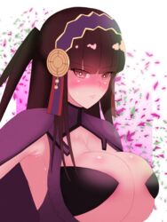 1girls alternate_costume armpits bad_censor bangs black_hair breast_squeeze breasts brown_eyes brown_hair censored covered_nipples covering fire_emblem fire_emblem_fates heavy_blush huge_breasts long_hair looking_at_viewer nintendo pibu purple_background red_eyes rhajat_(fire_emblem) shy solo sweat