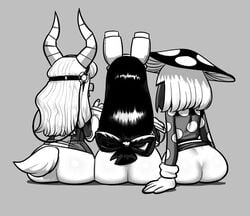 3girls ass ass_focus back_view black_and_white bottomless butt_crack female_only hero_outfit_(mha) horns komori_kinoko long_hair my_hero_academia noill ponytail short_hair tsunotori_pony tsuyu_asui