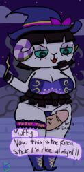 2018 animal_crossing cosplay dialogue heart-shaped_pupils klutzatdusk muffy_(animal_crossing) nintendo penis_between_legs skimpy thigh_sex witch witch_hat