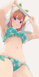 1girls aqua_bikini armpits arms_up bangs bikini blue_eyes breasts commentary dot_nose eyebrows_visible_through_hair from_below go-toubun_no_hanayome green_ribbons grey_background groin hair_ribbon highres hiroki_(yyqw7151) lifted_by_self light_blush looking_down medium_breasts nakano_yotsuba navel orange_hair parted_lips ribbon short_hair simple_background solo swimsuit thighs underboob