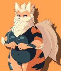 absurd_res anthro anthrofied arcanine big_breasts breasts canid canine canis chillyspicky female fluffy fluffy_tail fur furry furry_only genitals hi_res mammal multicolored_body multicolored_fur nintendo pokémorph pokemon pokemon_(species) pussy slightly_chubby solo tail thick_thighs two_tone_body two_tone_fur video_games wide_hips